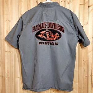 Harley Davidson Shirt Motor Clothes Button Up Sz L Gray Hog Back Motorcycles Y2K